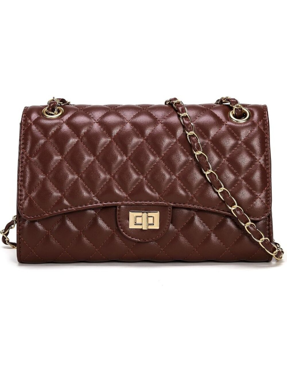 Women's Brown Quilted Pu Leather Chain Strap Crossbody Shoulder Bag